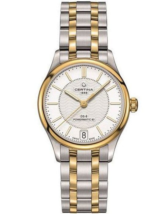 Certina Certina DS-8 Lady Powermatic 80 C033.207.22.031.00 DS 8 C0332072203100 механические женские часы белый циферблат, браслет сталь c pvd покрытием — вид спереди