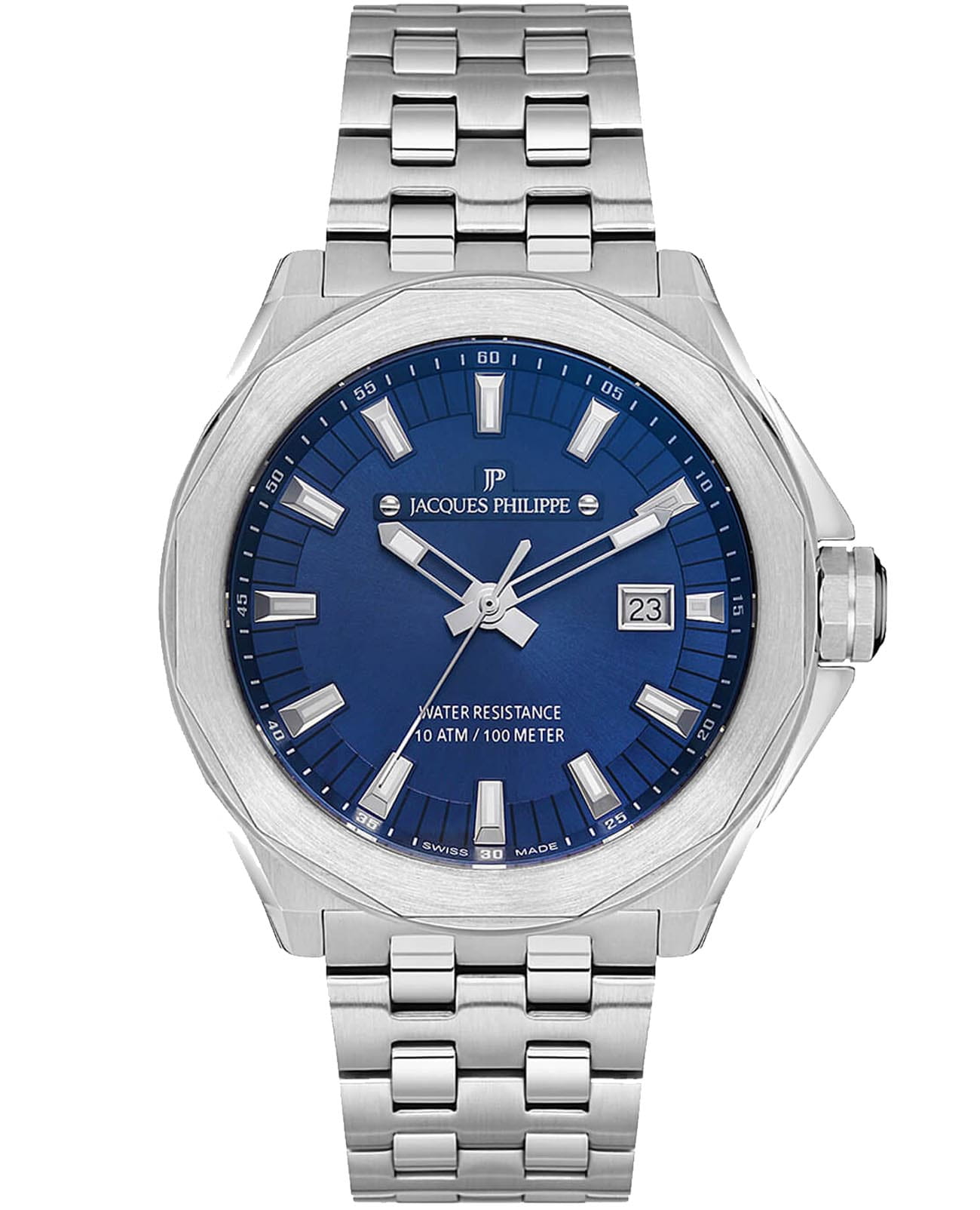 Jacques Philippe Jacques Philippe Merces Chrono JPQGS291336  JPQGS291336 кварцевые мужские часы синий циферблат, браслет нержавеющая сталь — вид спереди
