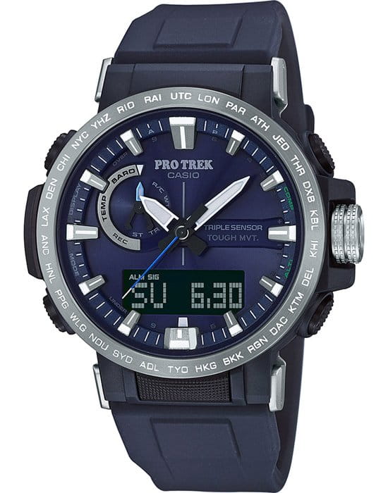Casio Casio Pro Trek PRW-60-2A PRW PRW-60-2A кварцевые мужские часы синий циферблат, браслет силикон — вид спереди