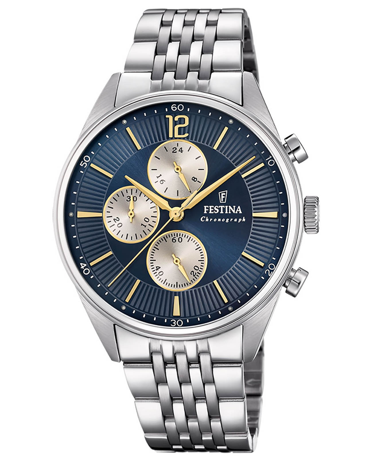 Festina Festina Timeless Chrono F20285/7  F20285/7 кварцевые мужские часы синий циферблат, браслет нержавеющая сталь — вид спереди