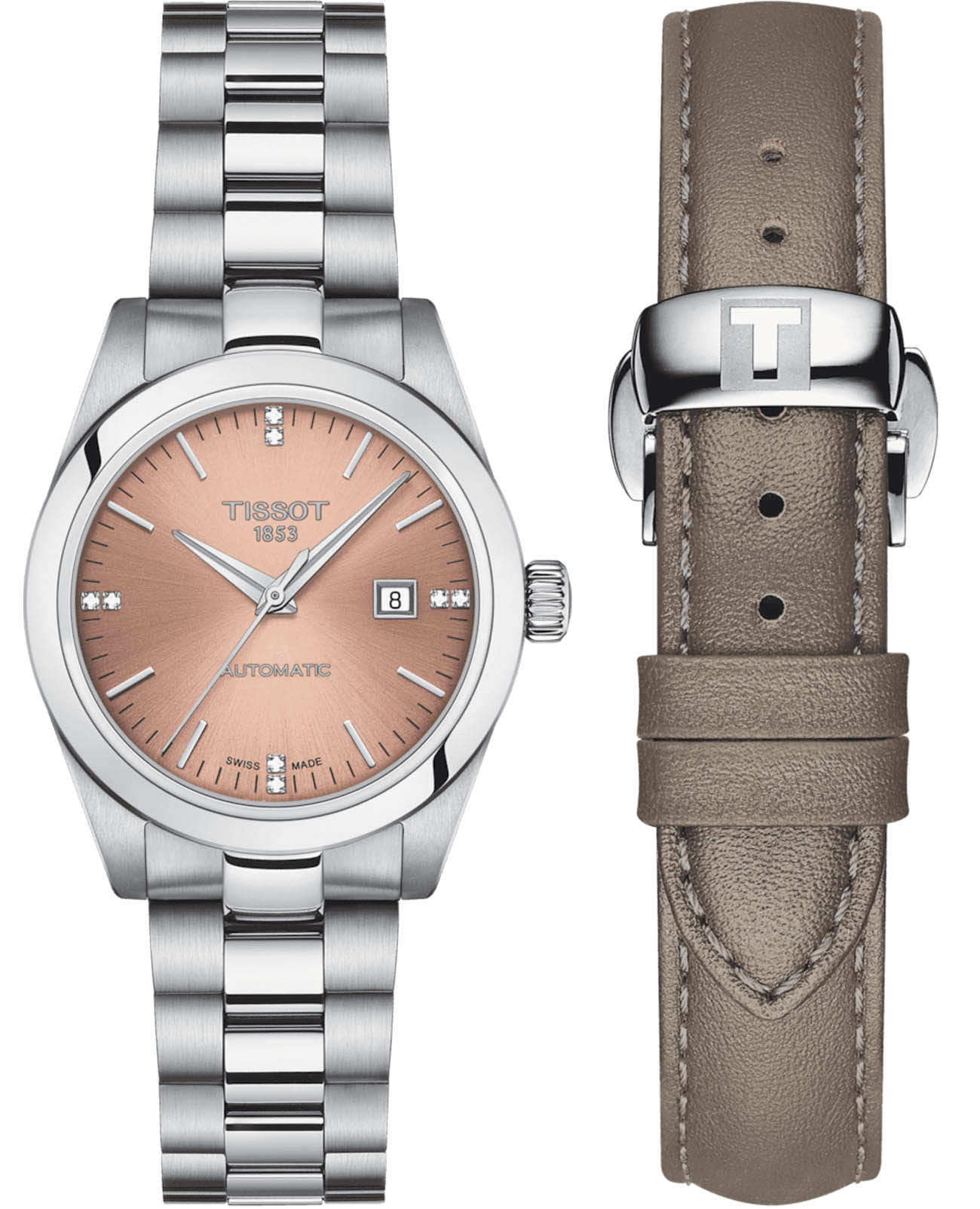 Tissot Tissot T-My Lady Automatic T132.007.11.336.00 T My Lady T1320071133600 механические женские часы розовый циферблат, браслет нержавеющая сталь — вид спереди