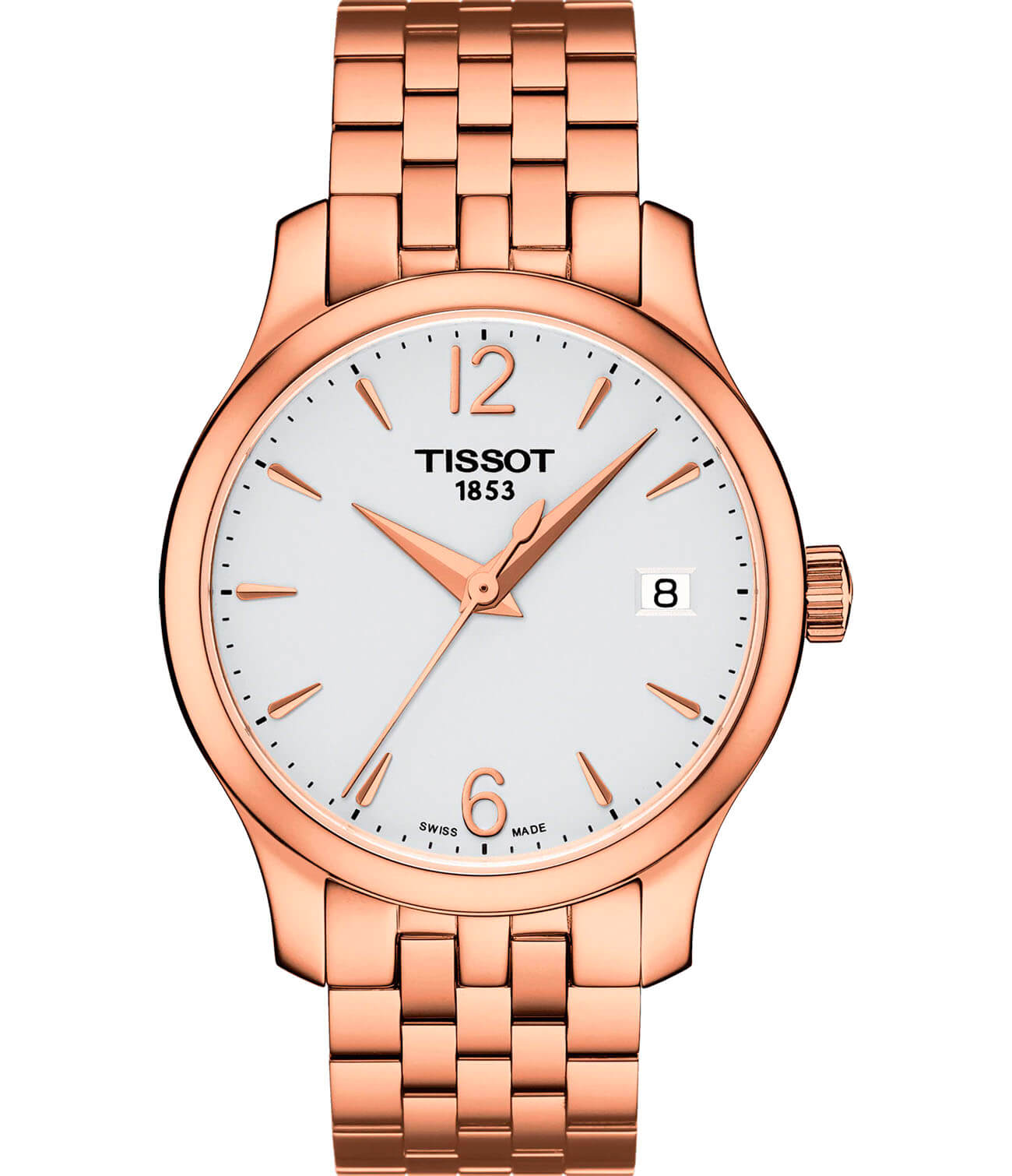 Tissot Tissot Tradition Lady T063.210.33.037.00 Tradition T0632103303700 кварцевые женские часы белый циферблат, браслет сталь c pvd покрытием — вид спереди