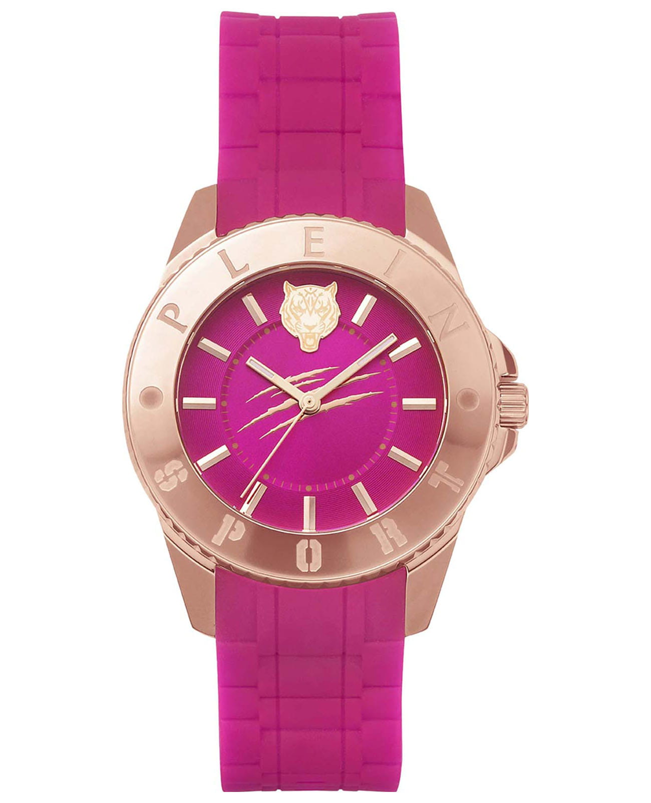 Plein Sport Plein Sport Glam PSKBA0523  PSKBA0523 кварцевые женские часы розовый циферблат, браслет силикон — вид спереди