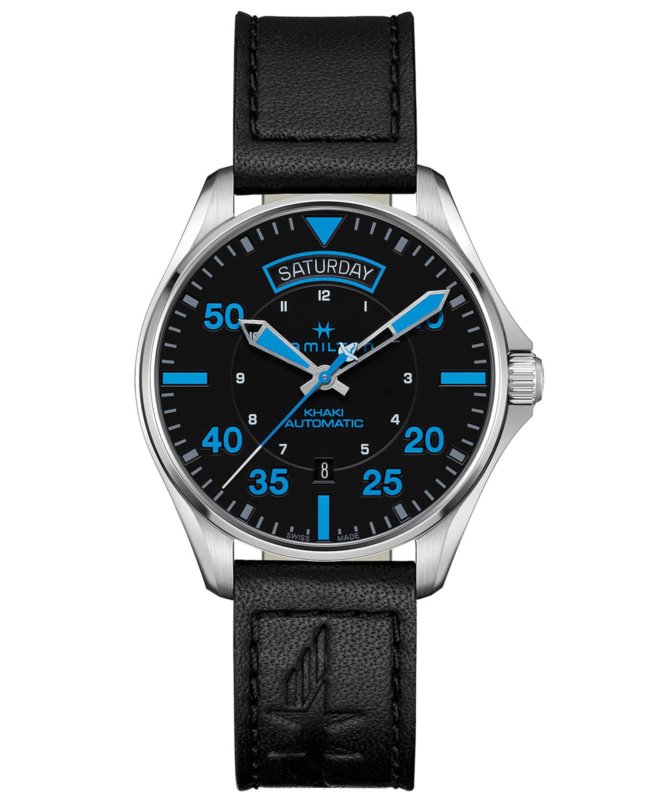 Hamilton Hamilton Khaki Aviation Pilot Day Date Air Zermatt Auto H64625731  H64625731 механические мужские часы серебристый циферблат, браслет кожаный — вид спереди