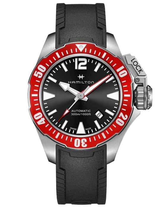Hamilton Hamilton Khaki Navy Frogman H77725335  H77725335 механические мужские часы  циферблат, браслет каучук — вид спереди