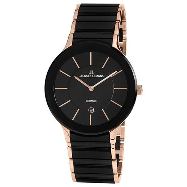 Jacques Lemans Jacques Lemans 1-1855C  1-1855C кварцевые мужские часы черный циферблат, браслет сталь + ip + керамика — вид спереди