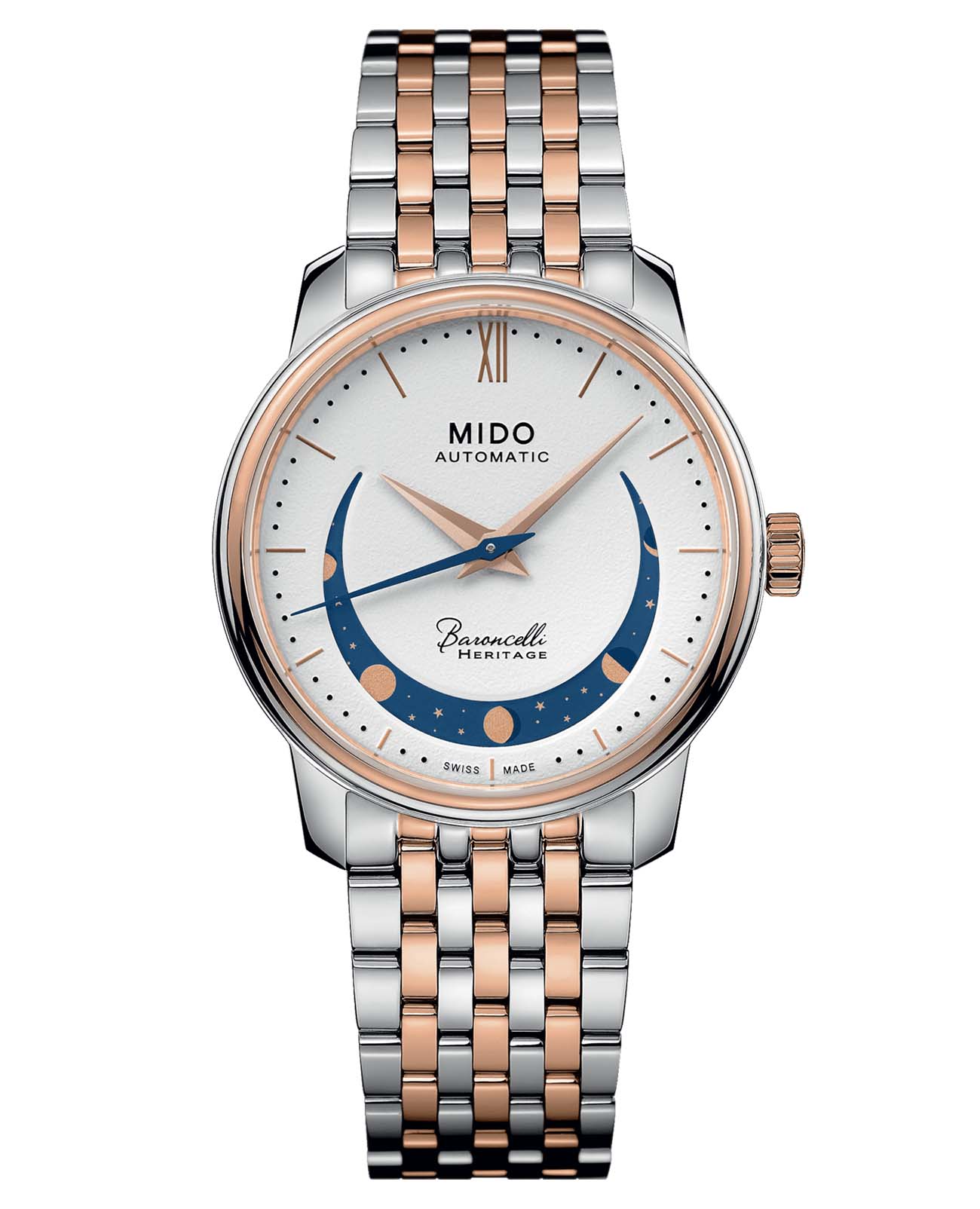 Mido Mido Baroncelli Smiling Moon Lady M027.207.22.010.01  M0272072201001 механические женские часы белый циферблат, браслет нержавеющая сталь с pvd-покрытием — вид спереди