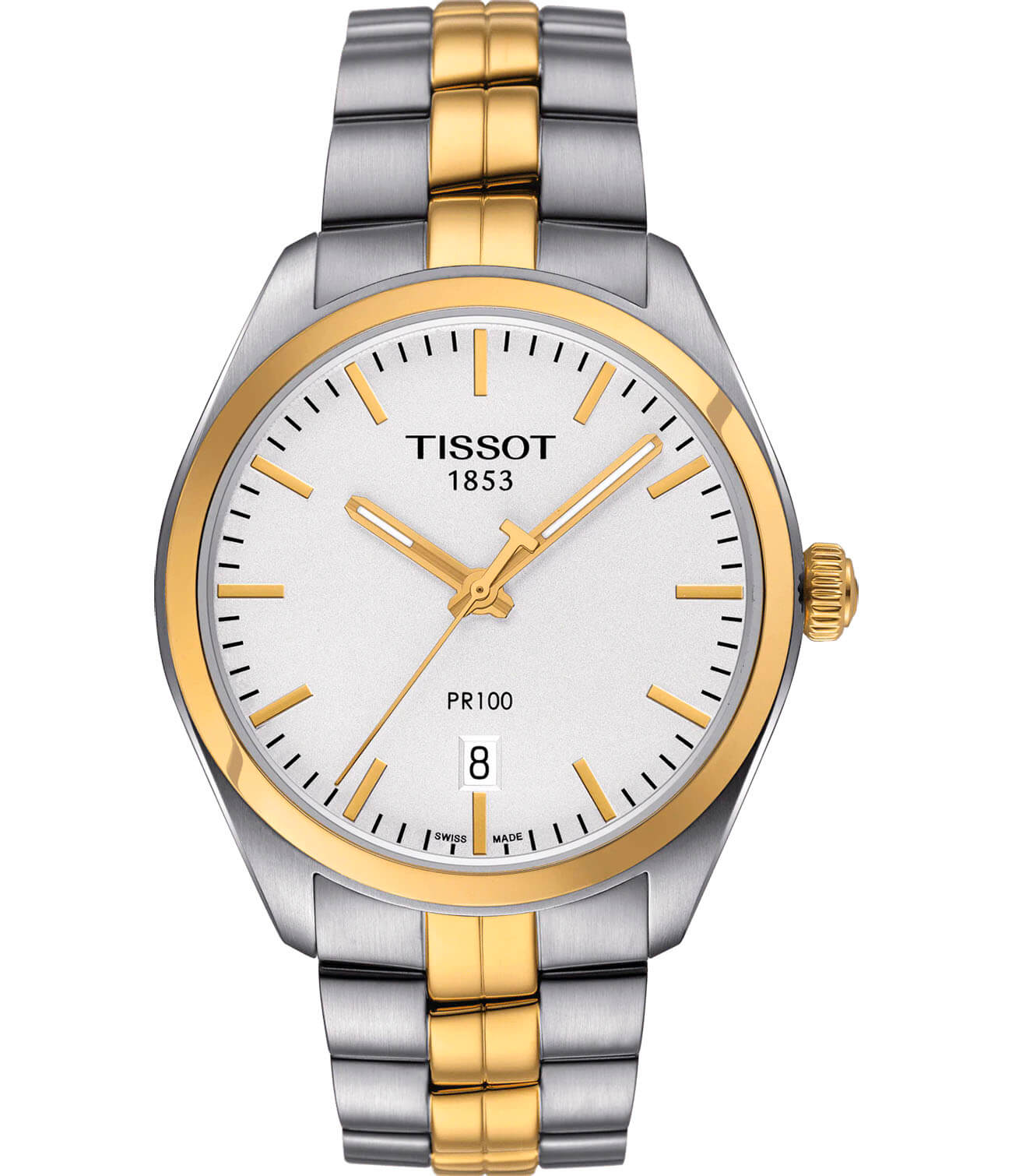 Tissot Tissot PR 100 T101.410.22.031.00 PR 100 T1014102203100 кварцевые мужские часы белый циферблат, браслет сталь c pvd покрытием — вид спереди