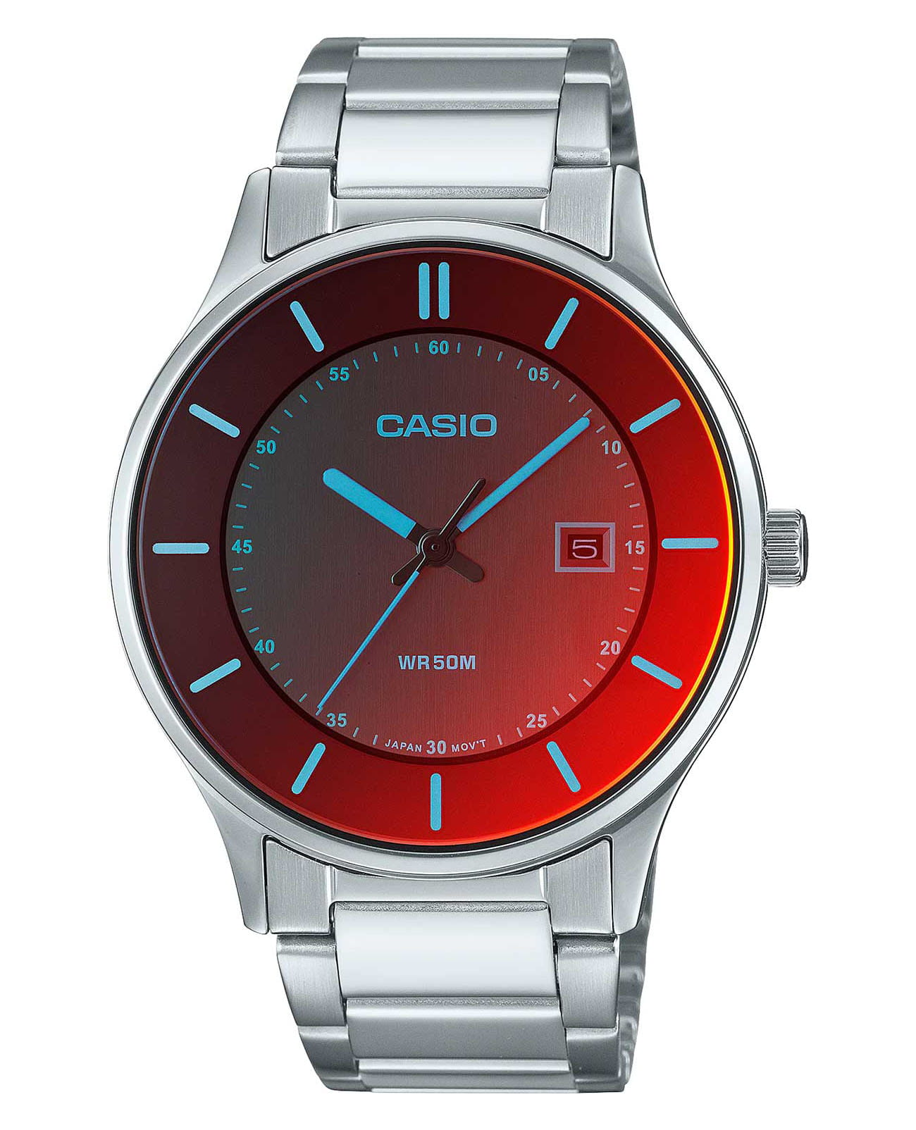 Casio Casio Collection MTP-E605D-1EVDF (MTP-E605D-1E)  MTP-E605D-1E кварцевые мужские часы красный циферблат, браслет нержавеющая сталь — вид спереди