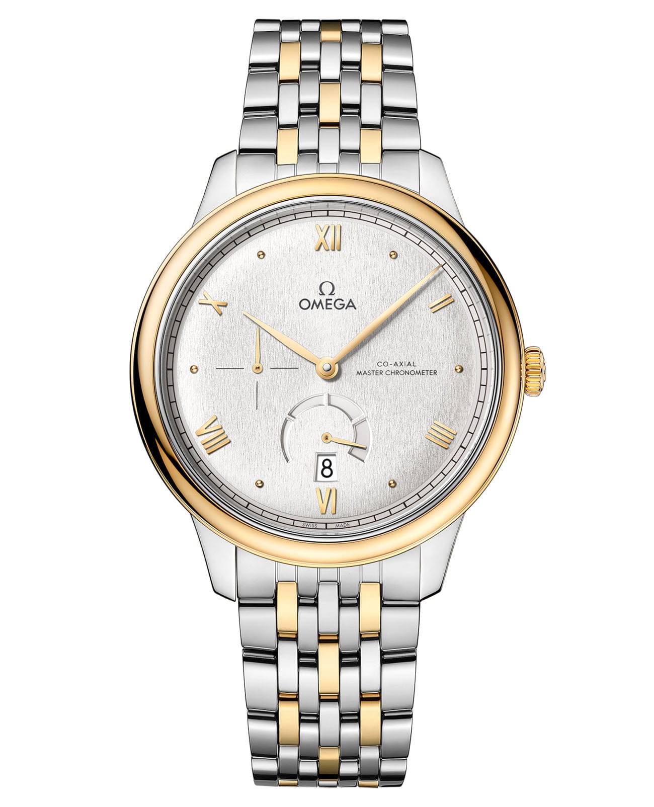 Omega Omega De Ville Prestige 434.20.41.21.02.001 Prestige 43420412102001 механические мужские часы серебристый циферблат, браслет сталь + золото — вид спереди