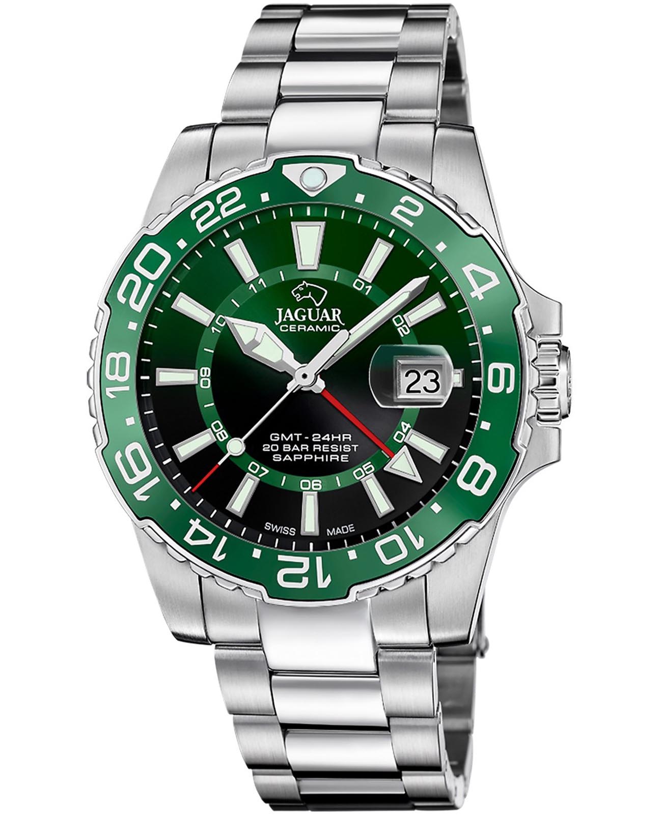 Jaguar Jaguar Ceramic GMT J1011/3  J1011/3 кварцевые мужские часы зеленый циферблат, браслет нержавеющая сталь — вид спереди
