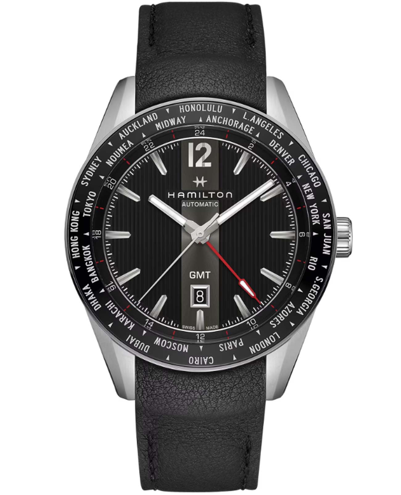 Hamilton Hamilton Broadway GMT Limited Edition H43725731  H43725731 механические мужские часы черный циферблат, браслет кожаный — вид спереди