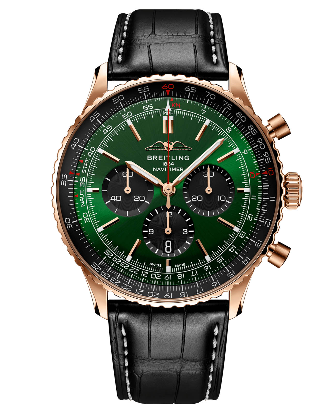 Breitling Breitling Navitimer B01 Chronograph 46 RB0137241L1P1  RB0137241L1P1 механические мужские часы зеленый циферблат, браслет кожаный — вид спереди