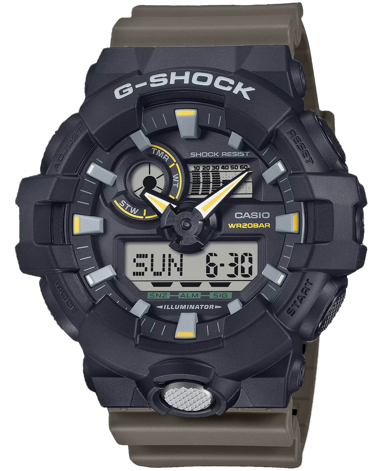 Casio Casio G-Shock GA-710TU-1A3DR (GA-710TU-1A3) GA GA-710TU-1A3DR электронные мужские часы желтый циферблат, браслет полимер — вид спереди