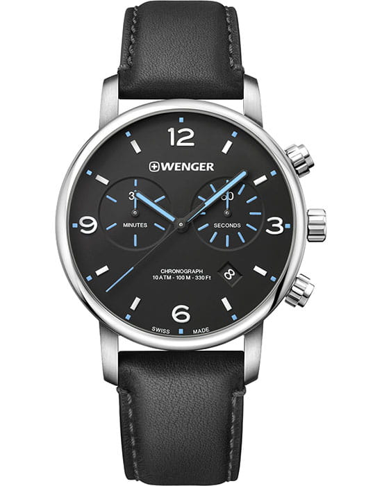 Wenger Urban classic 01.1743.120  01.1743.120 кварцевые мужские часы черный циферблат, браслет кожаный — вид спереди