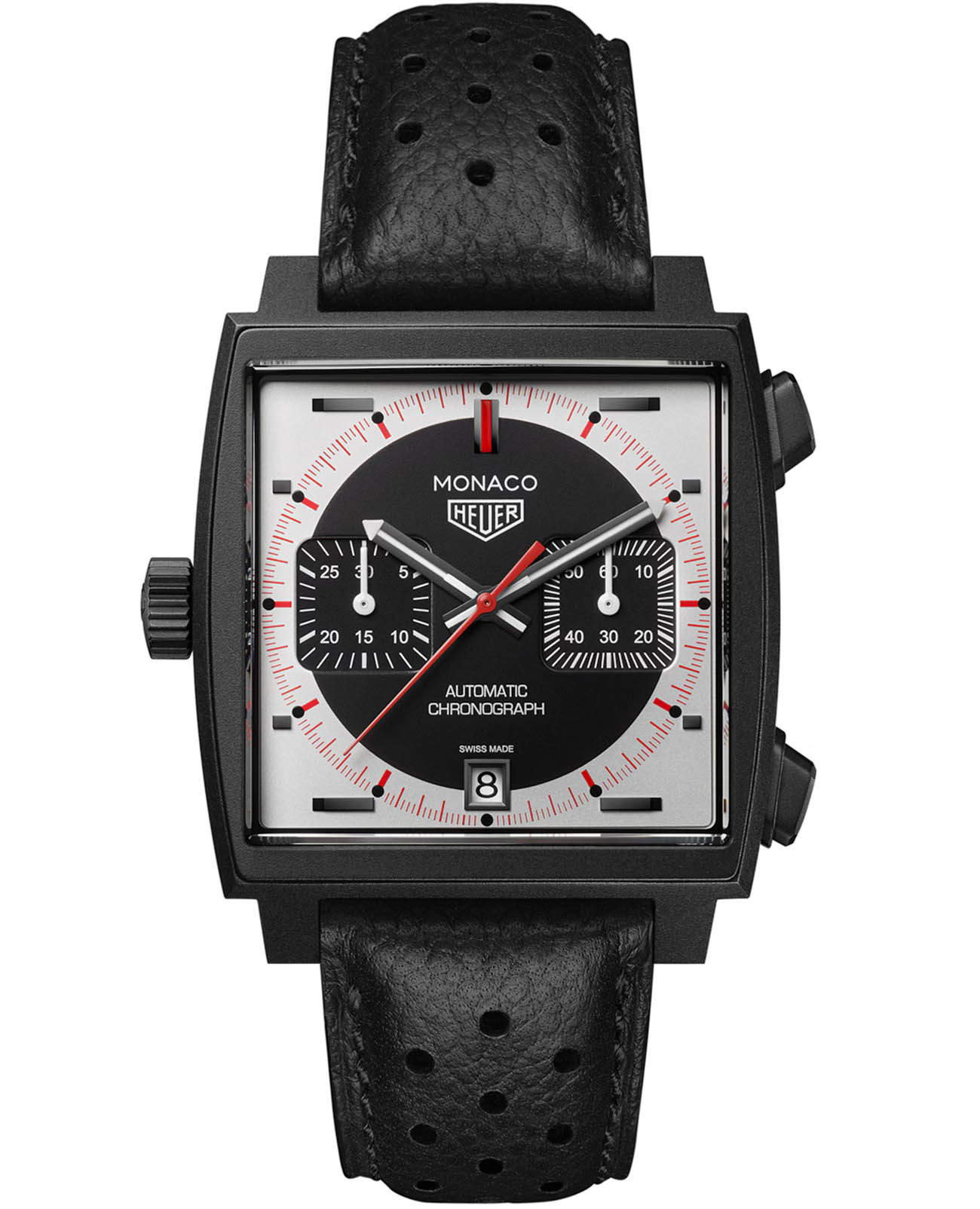 TAG Heuer TAG Heuer Monaco CAW218F.FC6356  CAW218F.FC6356 механические мужские часы черный циферблат, браслет кожаный — вид спереди