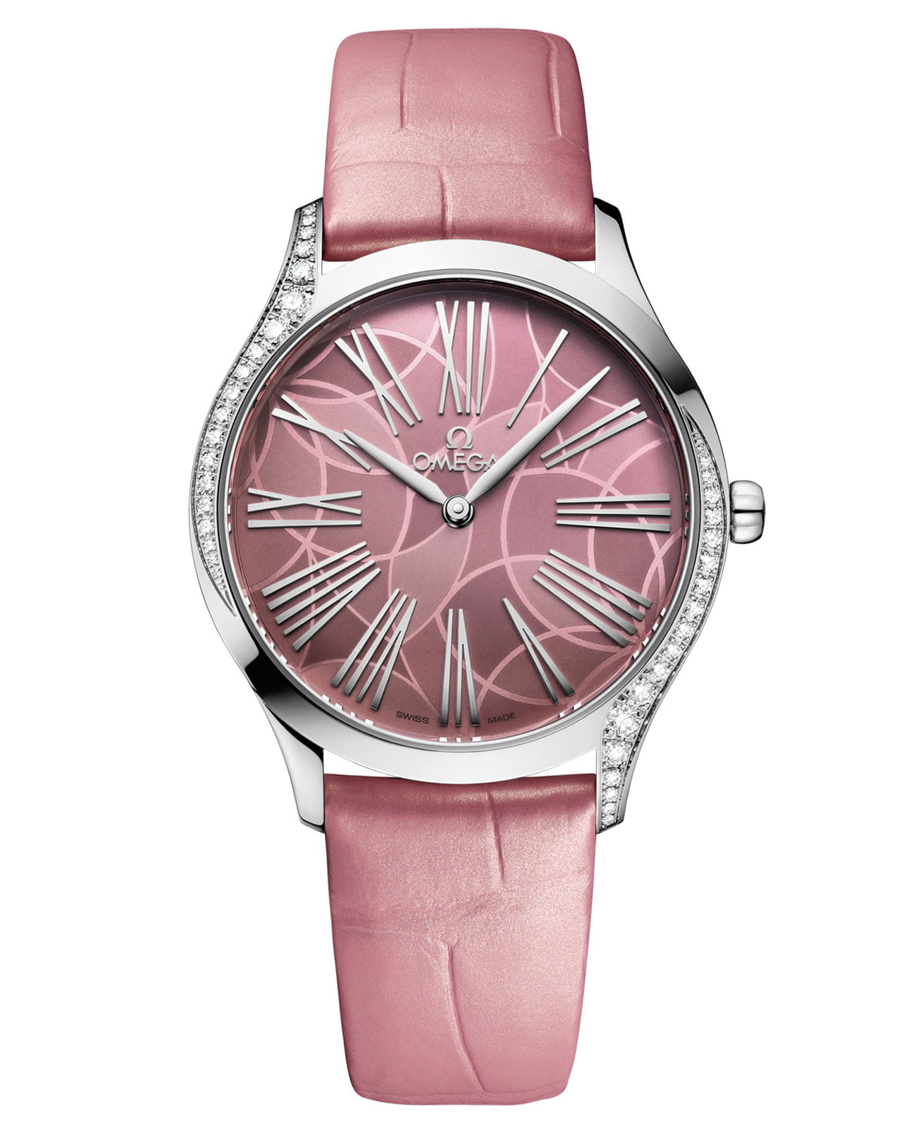 Omega Omega De Ville Mini Tresor 428.18.36.60.10.001  42818366010001 кварцевые женские часы розовый циферблат, браслет кожаный — вид спереди