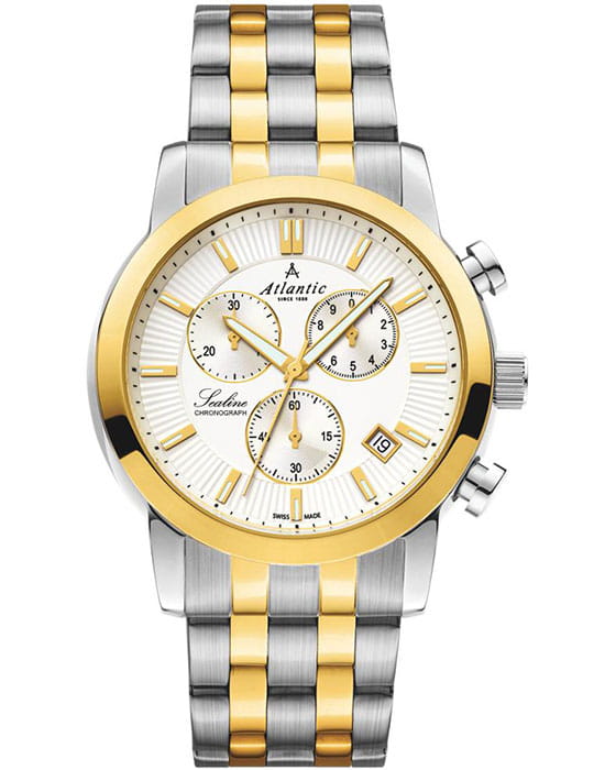 Atlantic Atlantic 62455.43.21G  62455.43.21G кварцевые мужские часы белый циферблат, браслет сталь c pvd покрытием — вид спереди