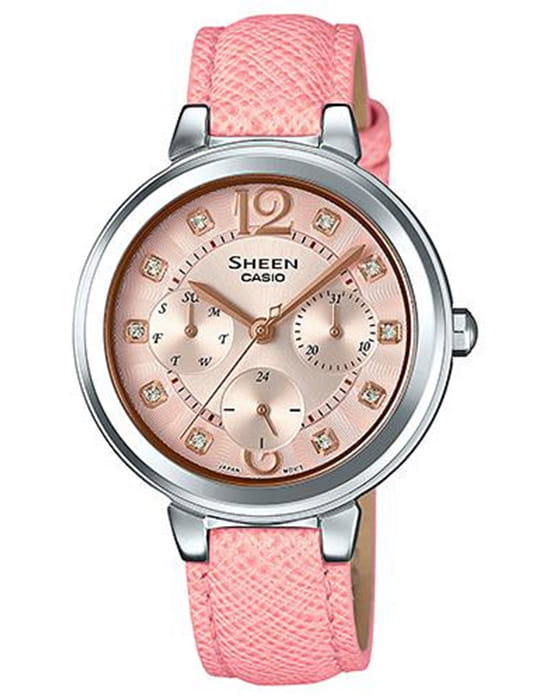Casio Casio Sheen SHE-3048L-4A  SHE-3048L-4A кварцевые женские часы шампань циферблат, браслет кожаный — вид спереди