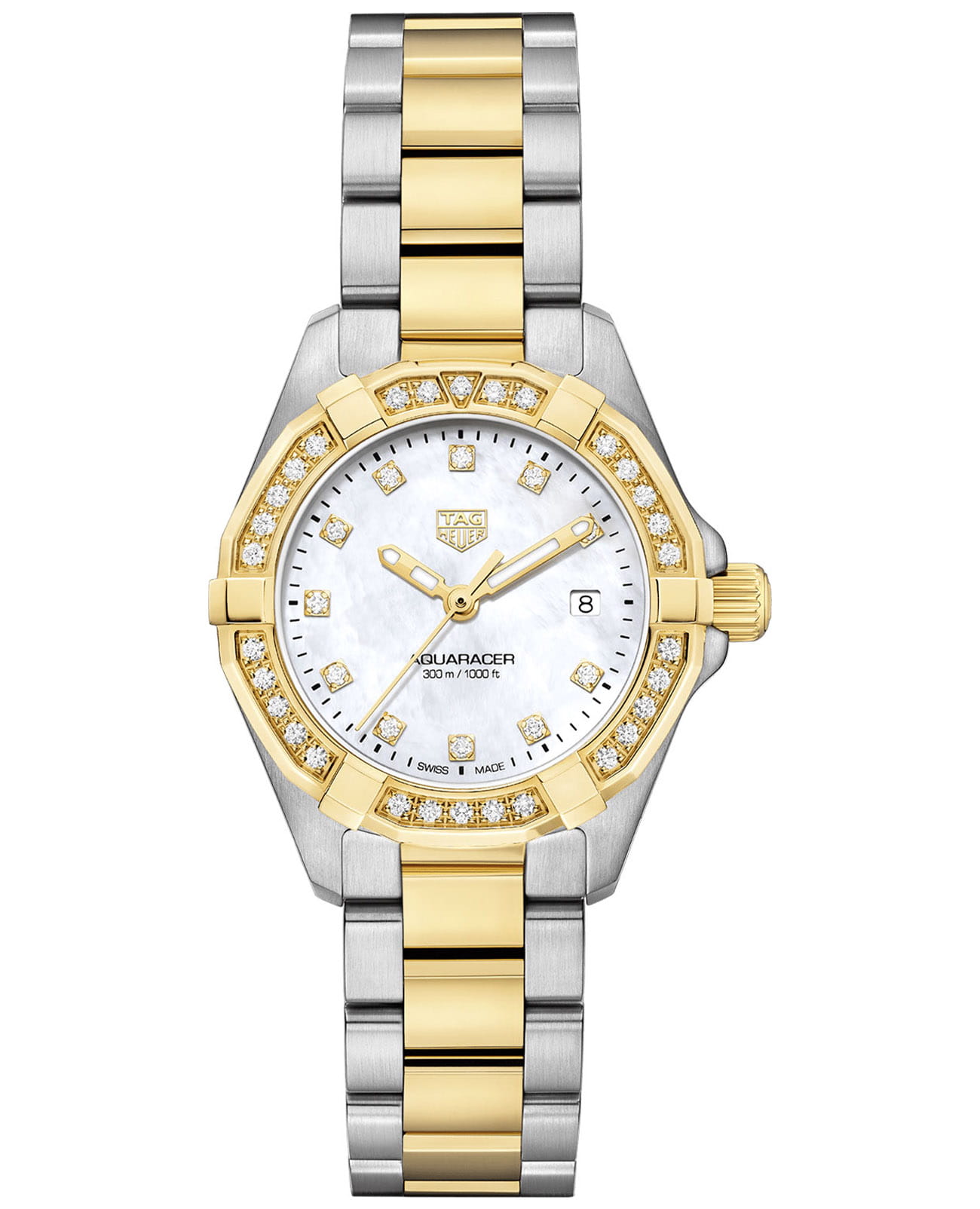 TAG Heuer TAG Heuer Aquaracer WBD1423.BB0321  WBD1423.BB0321 кварцевые женские часы перламутровый циферблат, браслет сталь + золото — вид спереди