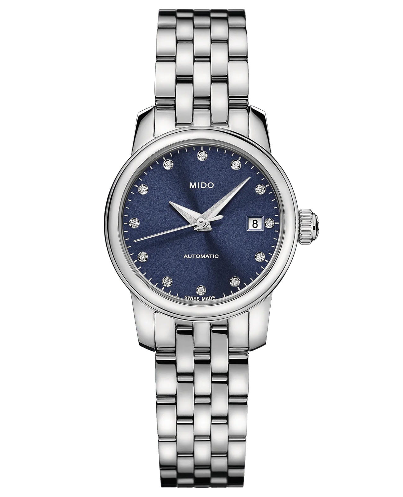 Mido Mido Baroncelli Lady Twenty Five M039.007.11.046.00  M0390071104600 механические женские часы синий циферблат, браслет нержавеющая сталь — вид спереди