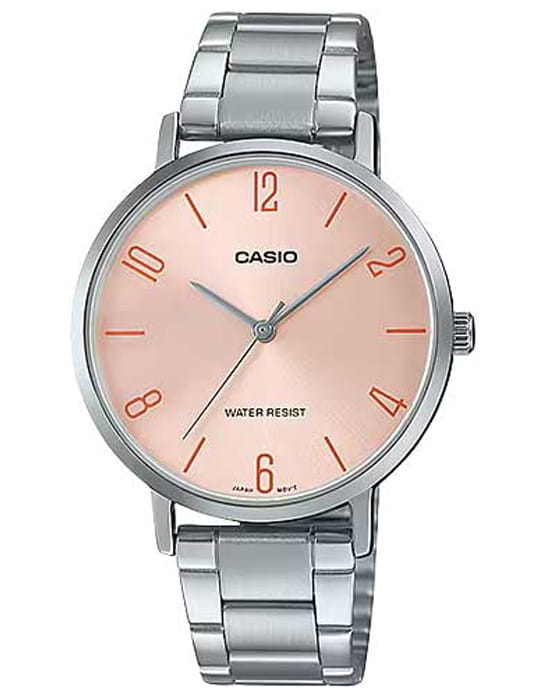 Casio Casio Collection LTP-VT01D-4B2  LTP-VT01D-4B2 кварцевые женские часы розовый циферблат, браслет нержавеющая сталь — вид спереди