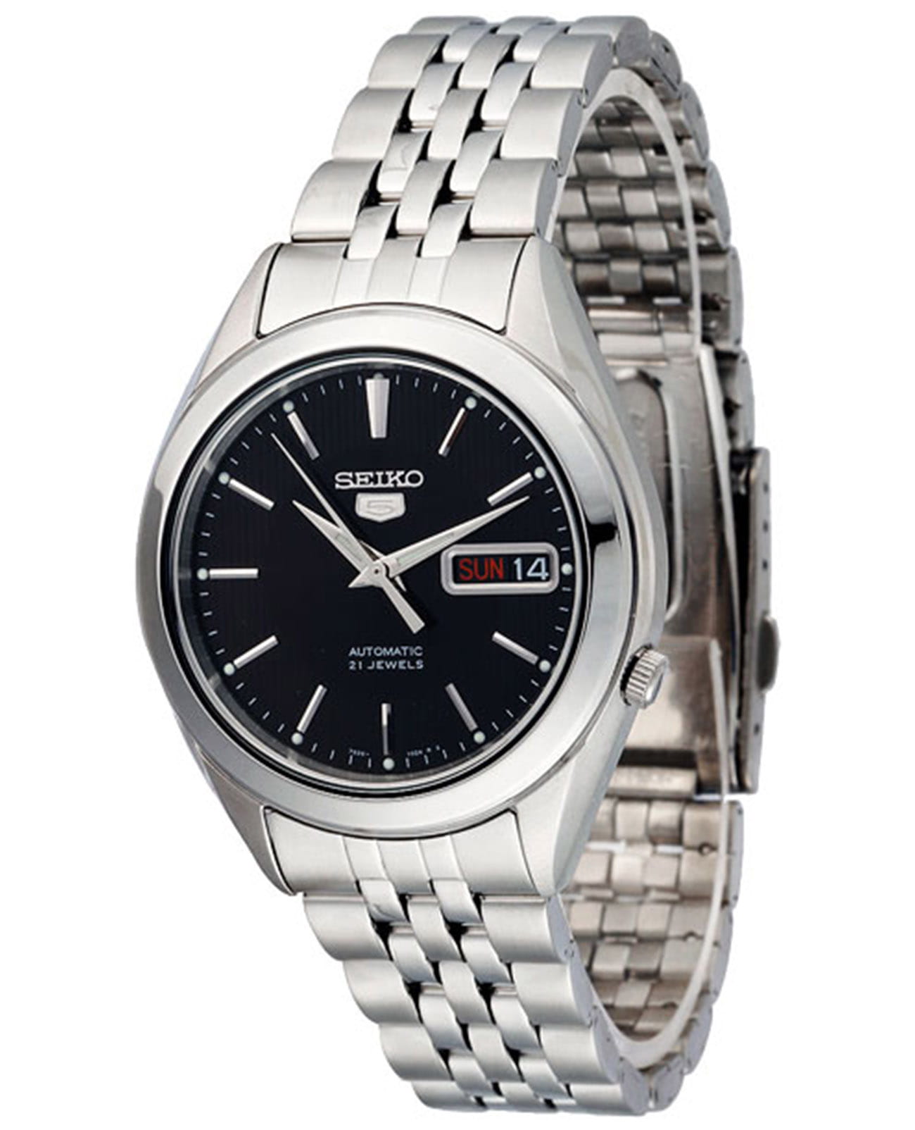 Seiko Seiko 5 Regular SNKL23K1  SNKL23K1 механические мужские часы черный циферблат, браслет нержавеющая сталь — вид спереди