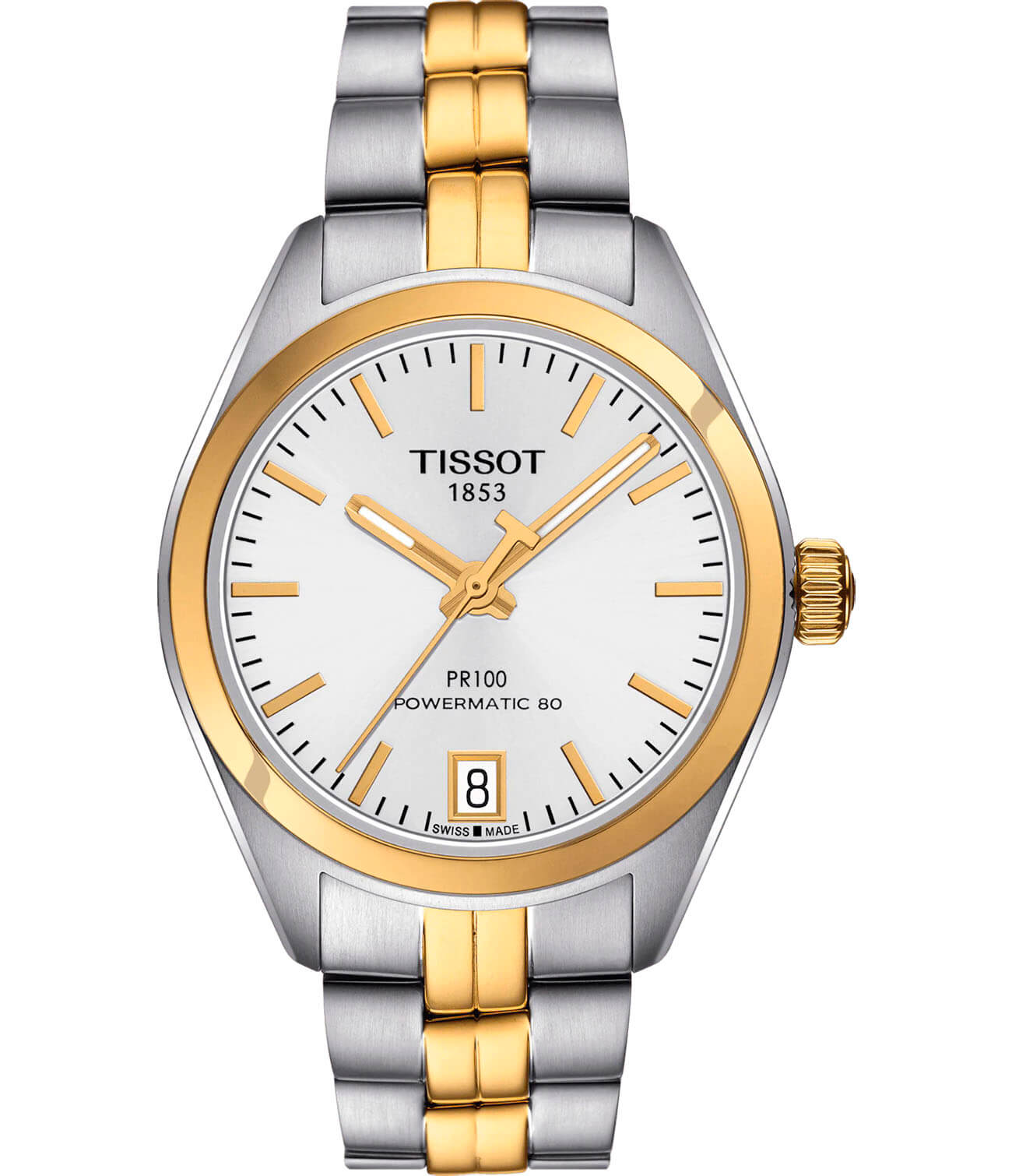 Tissot Tissot PR 100 Powermatic 80 Lady T101.207.22.031.00 PR 100 T1012072203100 механические женские часы белый циферблат, браслет сталь c pvd покрытием — вид спереди