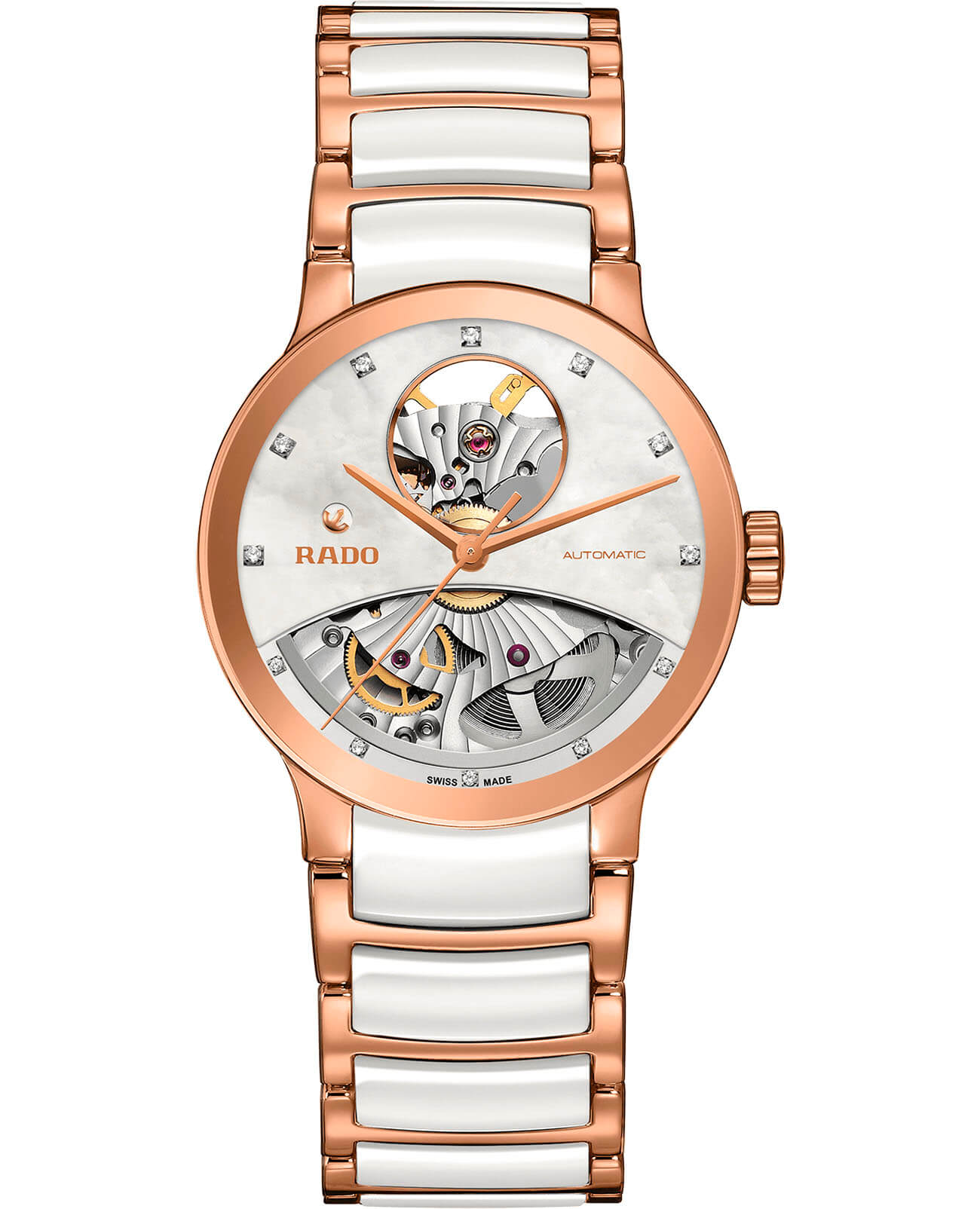 Rado Rado Centrix Automatic Diamonds Open Heart R30248902 Automatic R30248902 механические женские часы белый циферблат, браслет сталь + pvd + керамика — вид спереди