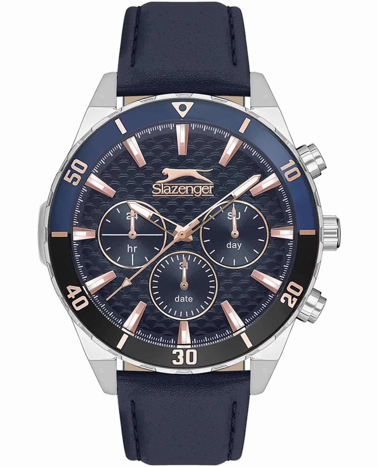 Slazenger Slazenger SL.09.2237.2.02  SL.09.2237.2.02 кварцевые мужские часы синий циферблат, браслет кожаный — вид спереди