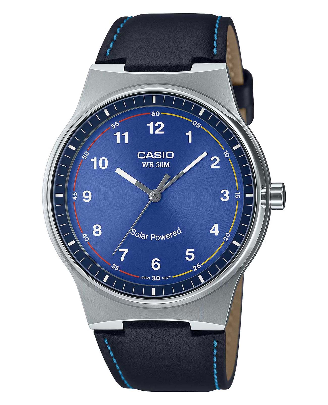 Casio Casio Collection MTP-RS105L-2BVDF (MTP-RS105L-2B)  MTP-RS105L-2B кварцевые мужские часы синий циферблат, браслет кожаный — вид спереди