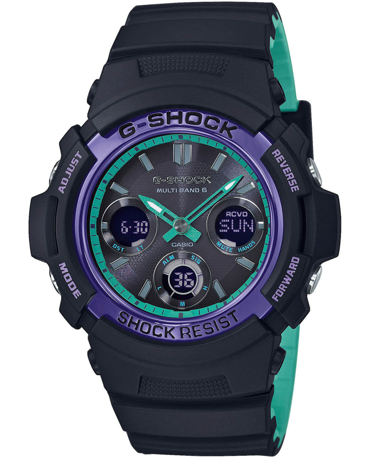 Casio Casio G-Shock AWG-M100SBL-1A AWG AWG-M100SBL-1AE электронные мужские часы черный циферблат, браслет пластик — вид спереди