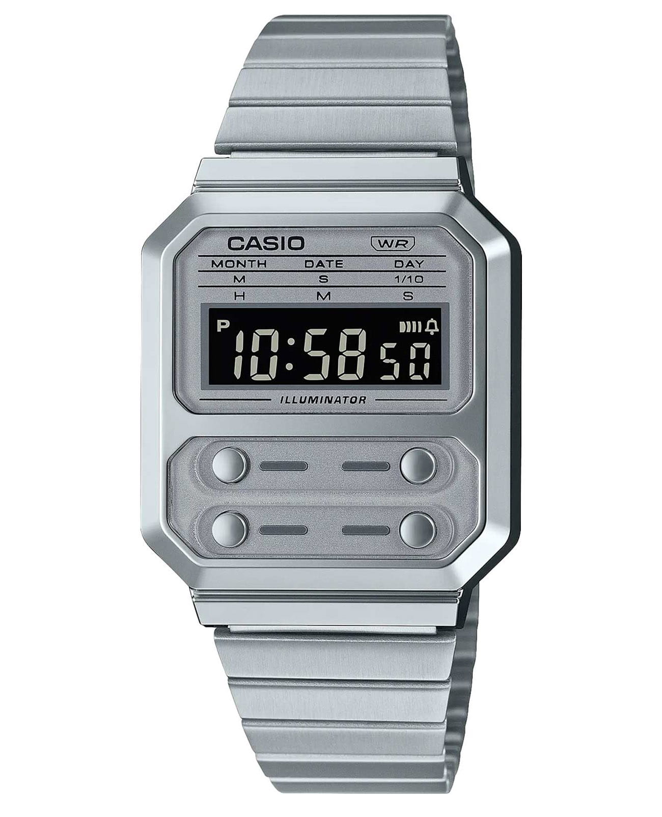 Casio Casio Vintage A100WE-7BDF (A100WE-7B)  A100WE-7B кварцевые мужские часы черный циферблат, браслет нержавеющая сталь — вид спереди