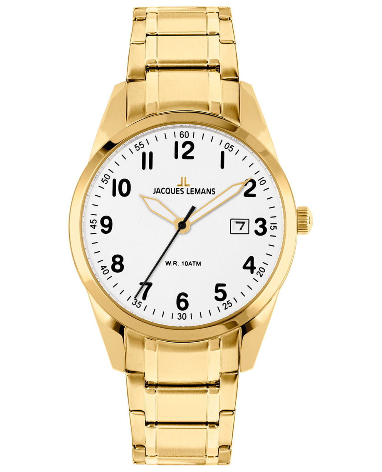 Jacques Lemans Jacques Lemans Classic 1-2002V  1-2002V кварцевые мужские часы белый циферблат, браслет нержавеющая сталь с pvd-покрытием — вид спереди