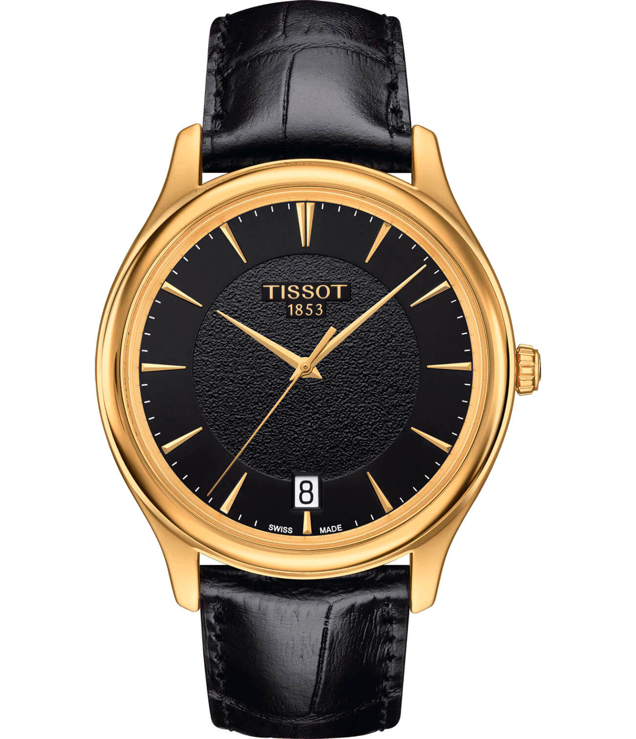 Tissot Tissot Fascination 18K Gold T924.410.16.051.00  T9244101605100 кварцевые мужские часы черный циферблат, браслет кожаный — вид спереди