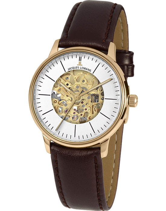 Jacques Lemans Jacques Lemans N-207ZB  N-207ZB механические мужские часы белый циферблат, браслет кожаный — вид спереди