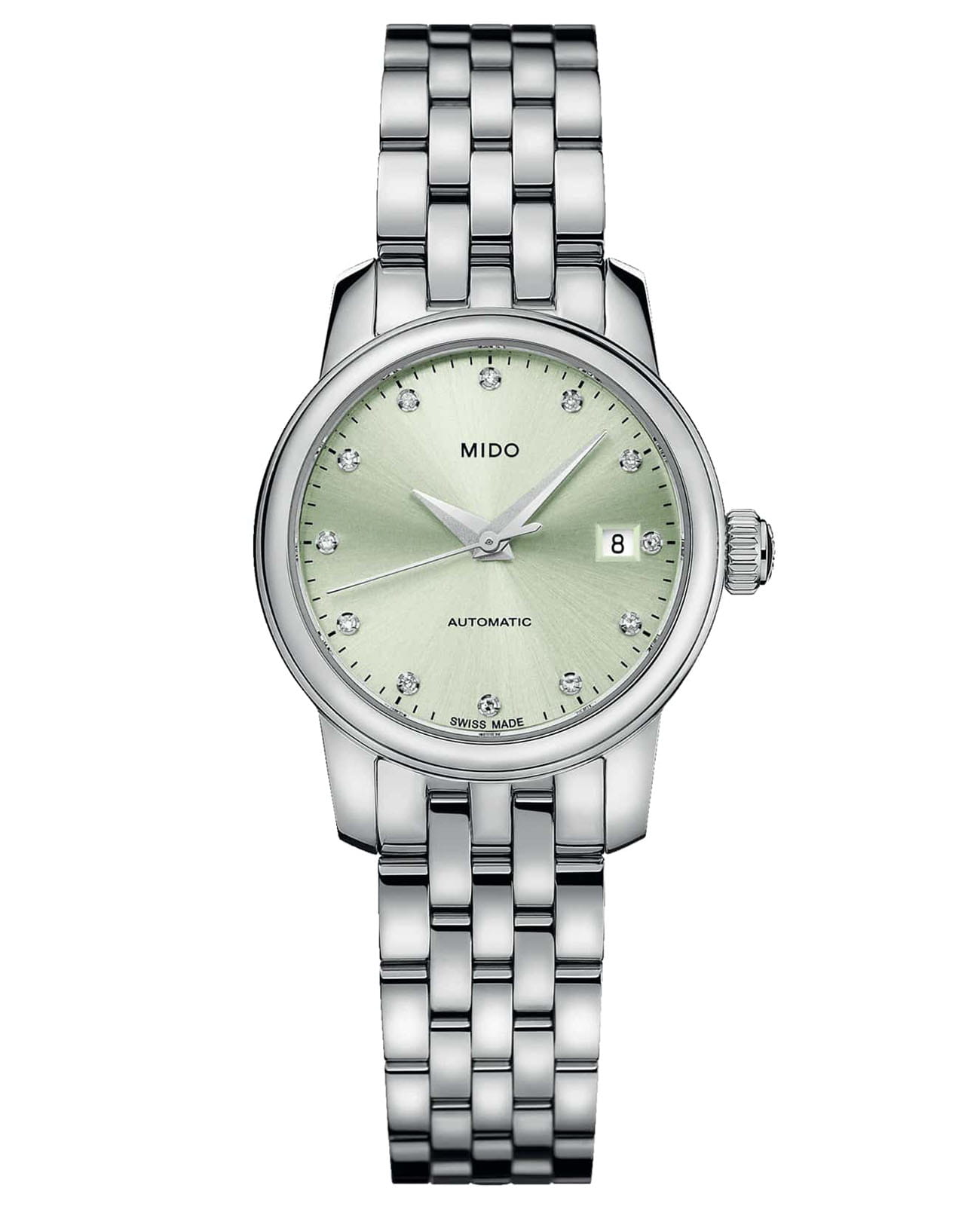 Mido Mido Baroncelli Lady Twenty Five M039.007.11.096.00  M0390071109600 механические женские часы зеленый циферблат, браслет нержавеющая сталь — вид спереди