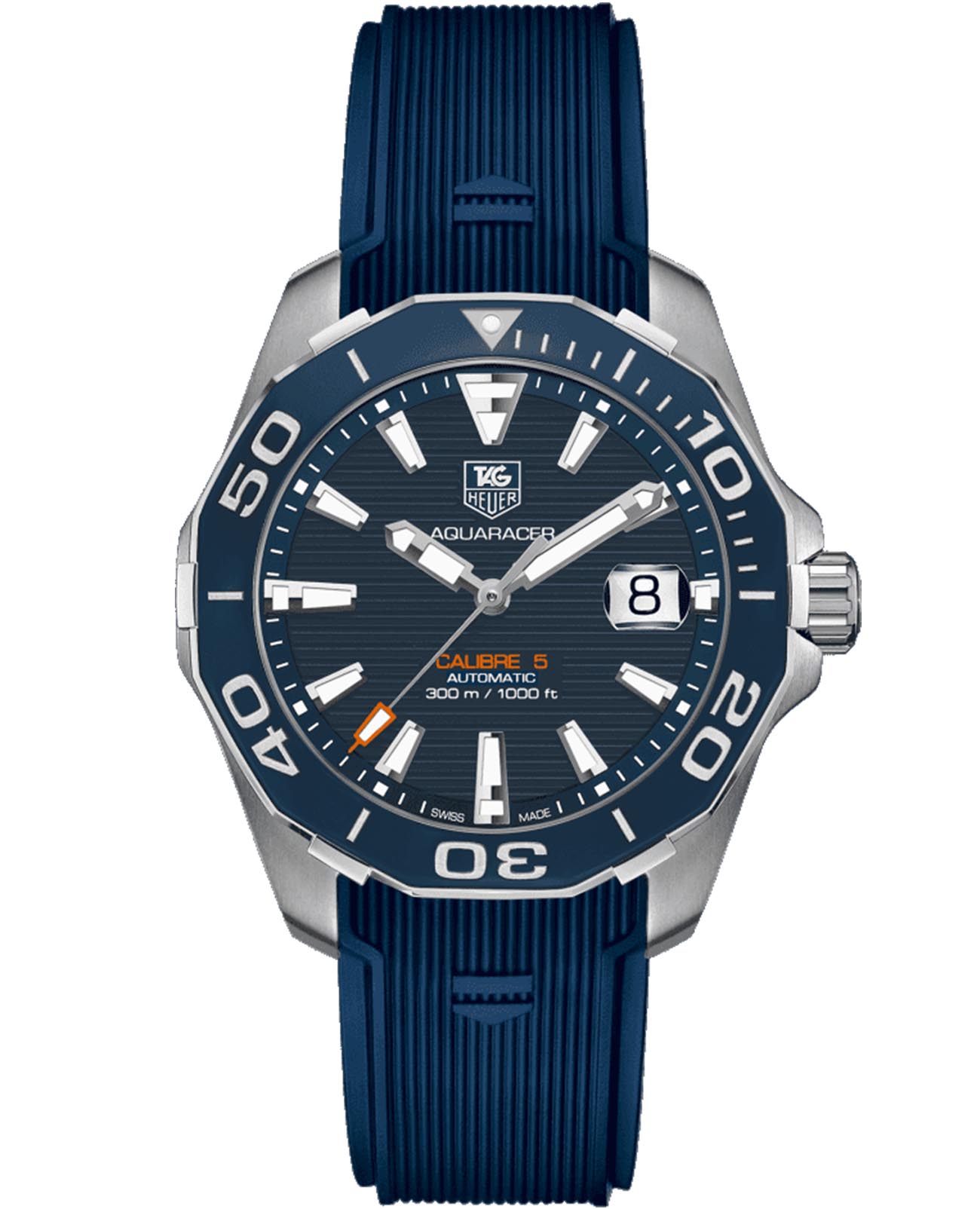 TAG Heuer TAG Heuer Aquaracer WAY211C.FT6155  WAY211C.FT6155 механические мужские часы синий циферблат, браслет каучук — вид спереди