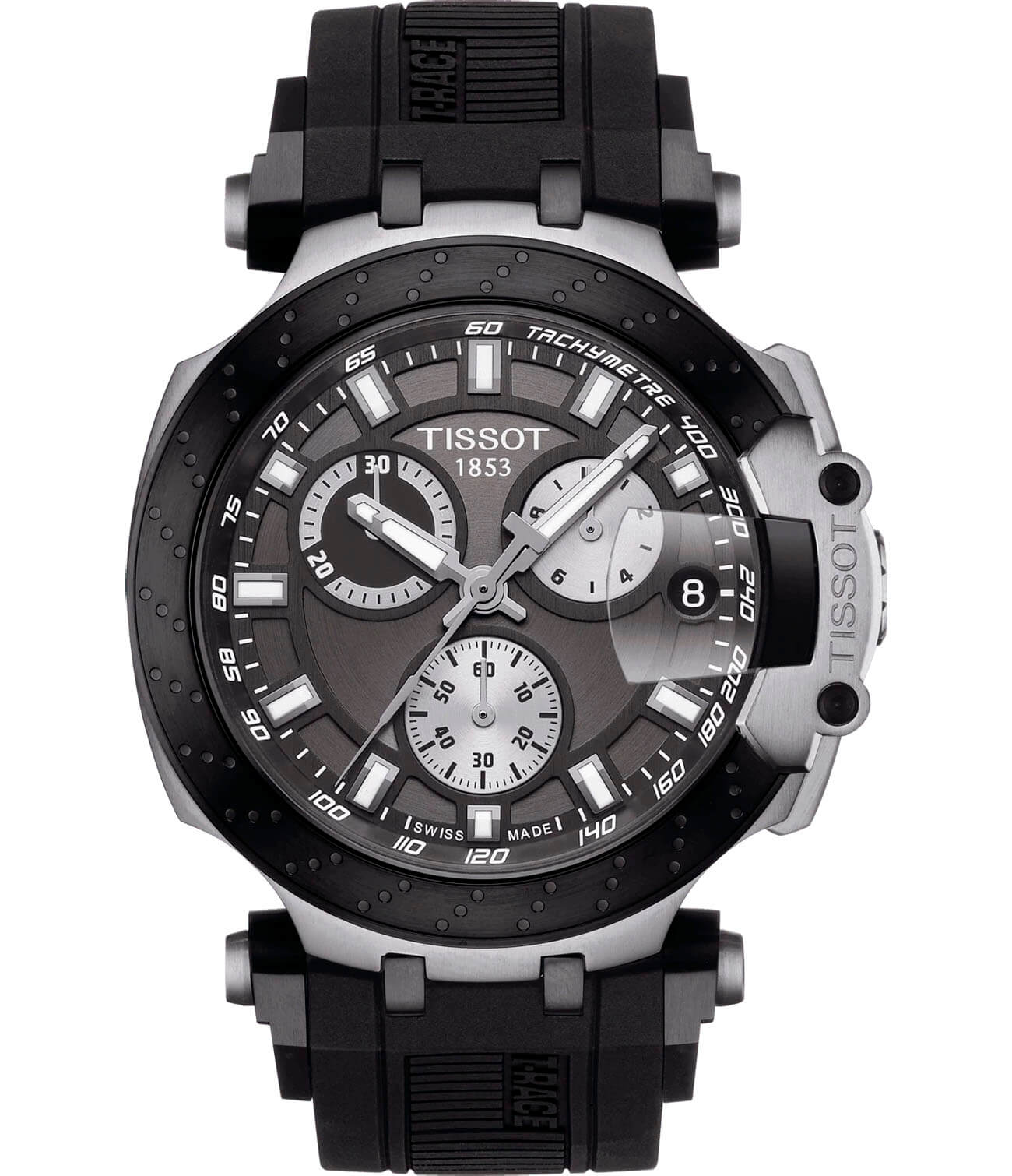 Tissot Tissot T-Race Chronograph T115.417.27.061.00 T Race T1154172706100 кварцевые мужские часы черный циферблат, браслет силикон — вид спереди