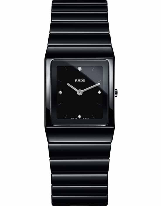 Rado Rado Ceramica Diamonds R21702702  R21702702 кварцевые женские часы черный циферблат, браслет высокотехнологичная керамика — вид спереди