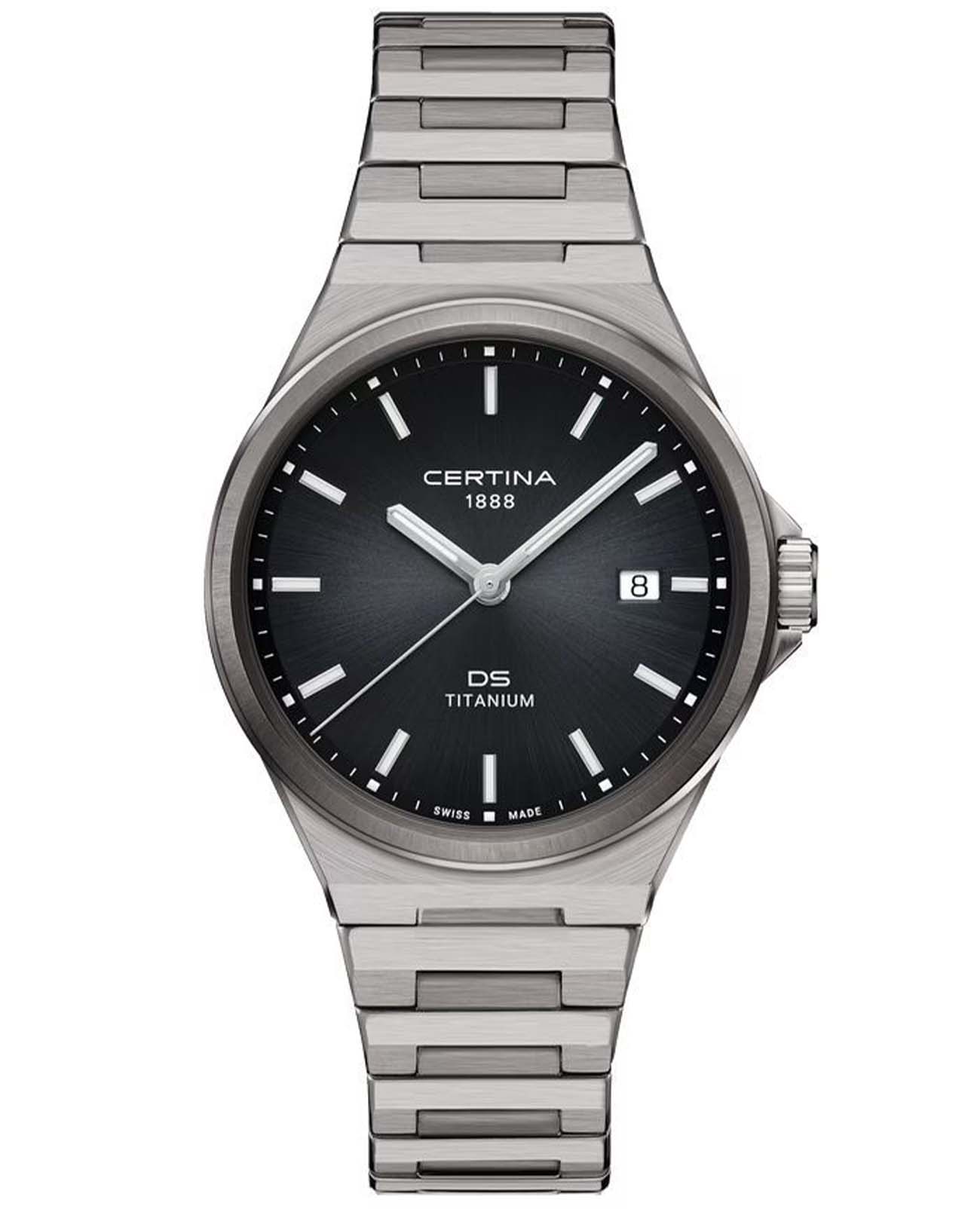 Certina Certina DS-7 Quartz C043.410.44.051.00  C0434104405100 кварцевые мужские часы черный циферблат, браслет титановый — вид спереди