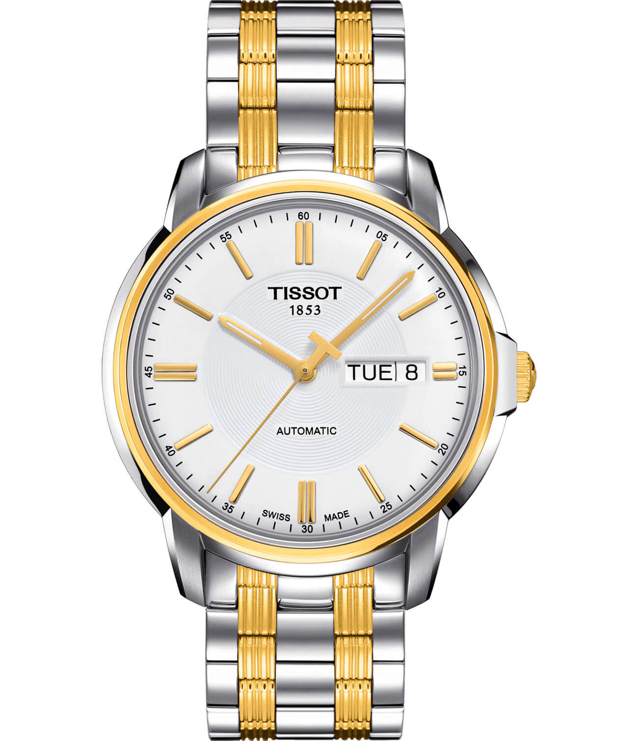 Tissot Tissot Automatics III T065.430.22.031.00 Automatics III T0654302203100 механические мужские часы белый циферблат, браслет сталь c pvd покрытием — вид спереди