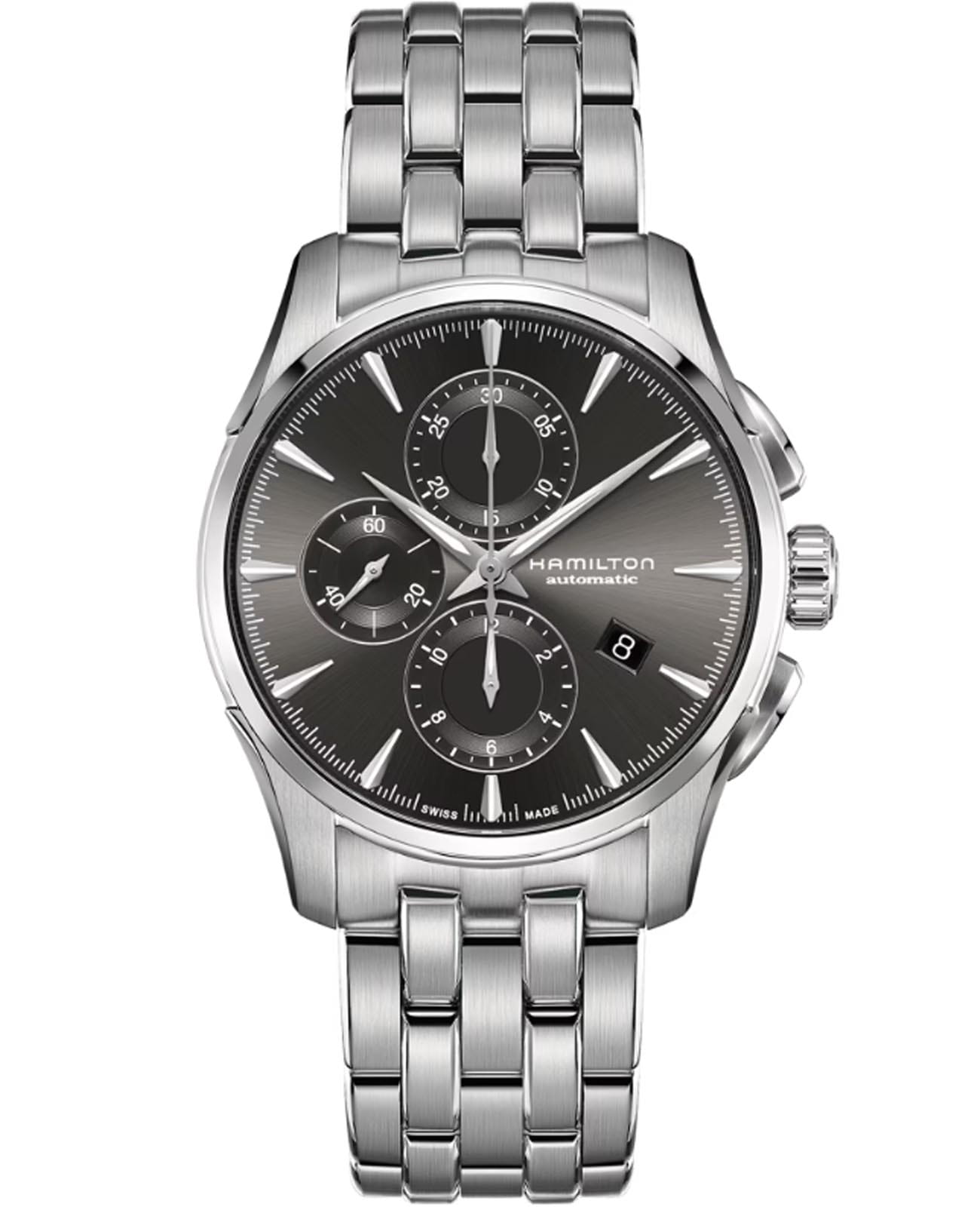 Hamilton Hamilton Jazzmaster Auto Chrono H32586181  H32586181 механические мужские часы черный циферблат, браслет нержавеющая сталь — вид спереди