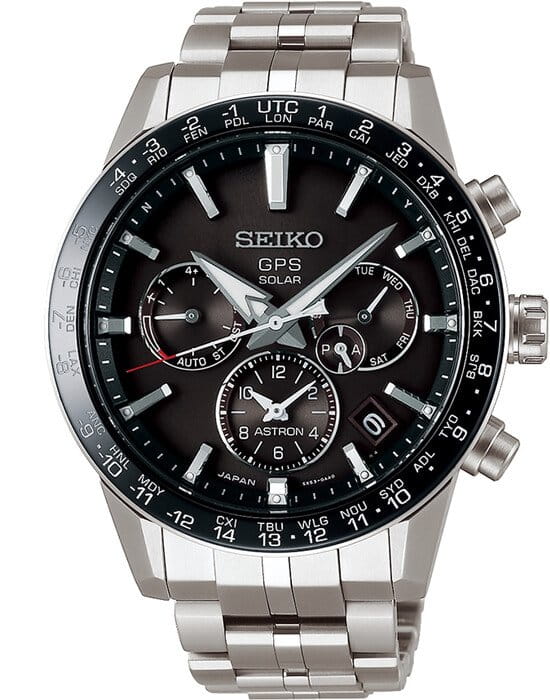 Seiko Seiko Astron GPS Solar SSH003J1  SSH003J1 автокварц (кинетик) мужские часы черный циферблат, браслет титановый — вид спереди