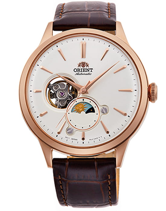 Orient Orient Sun & Moon RA-AS0102S (RN-AS0102S)  RA-AS0102S механические мужские часы белый циферблат, браслет кожаный — вид спереди