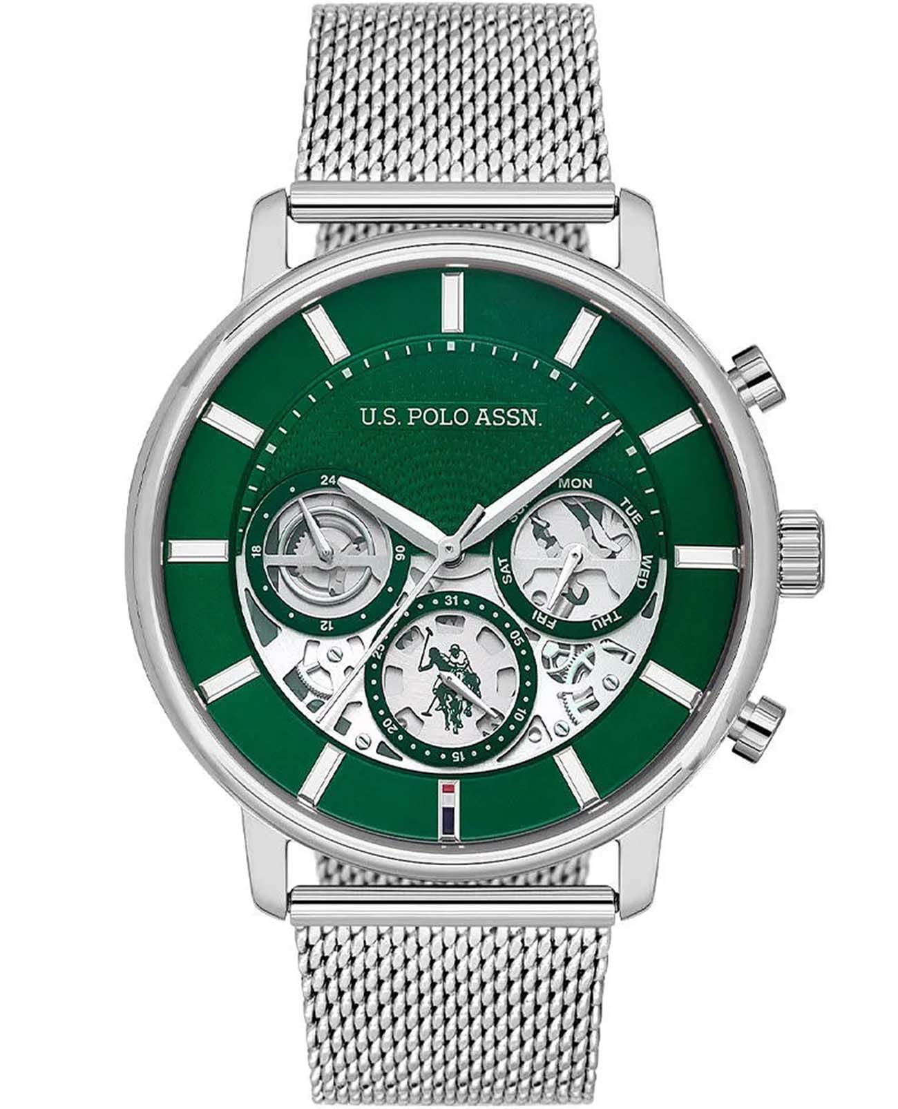 U.S. Polo Assn. U.S. Polo Assn. Crossing USPA1102-02  USPA1102-02 кварцевые мужские часы зеленый циферблат, браслет нержавеющая сталь — вид спереди