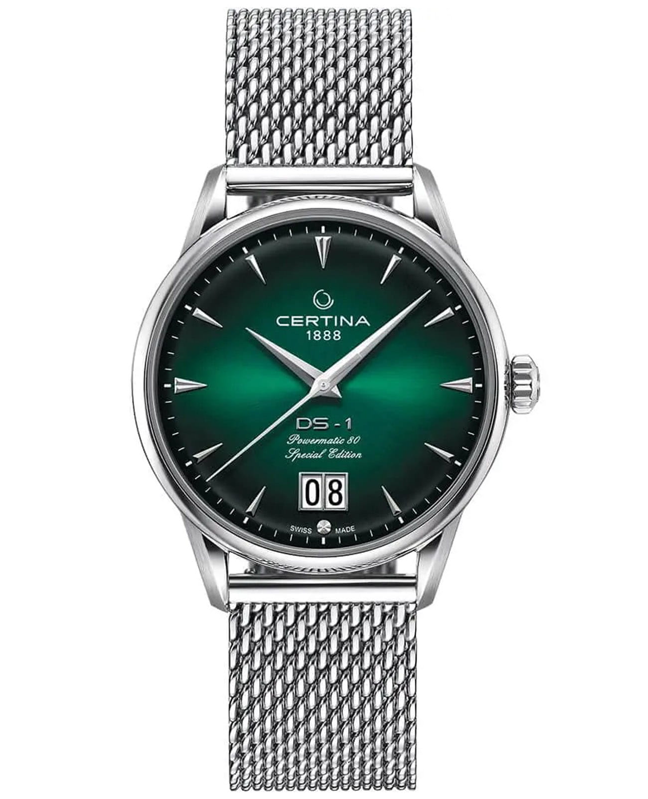 Certina Certina DS-1 Big Date Powermatic 80 C029.426.11.091.60 DS 1 C0294261109160 механические мужские часы зеленый циферблат, браслет нержавеющая сталь — вид спереди