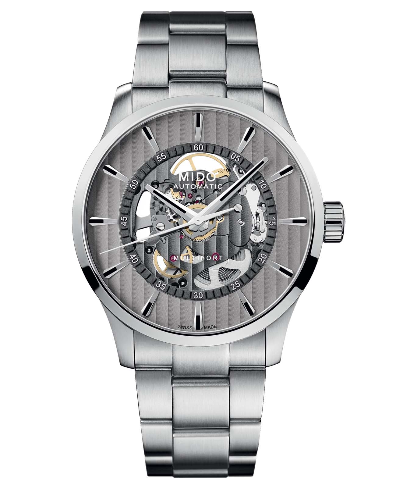 Mido Mido Multifort Skeleton Vertigo M038.436.11.031.00  M0384361103100 механические мужские часы серый циферблат, браслет нержавеющая сталь — вид спереди