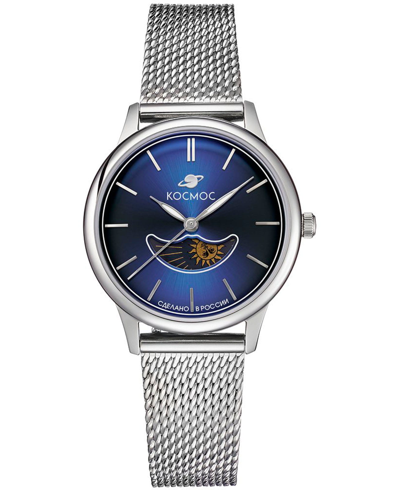 Космос Космос Солнце и Луна K 617.16.36 M  K 617.16.36 M кварцевые женские часы синий циферблат, браслет нержавеющая сталь — вид спереди