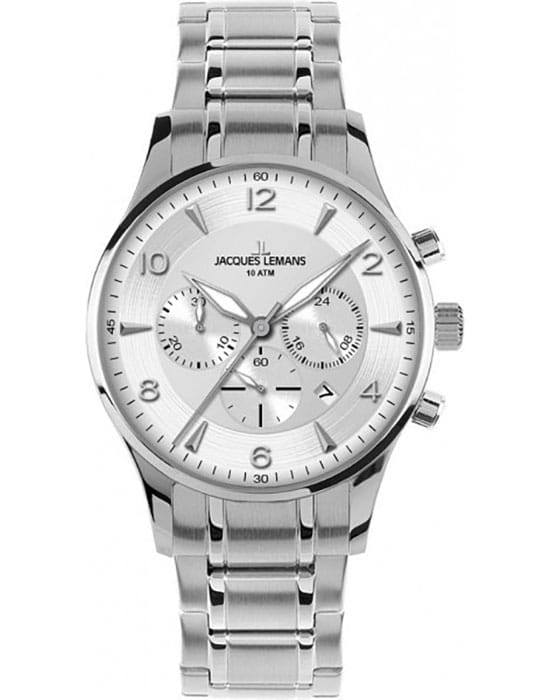 Jacques Lemans Jacques Lemans 1-1654J  1-1654J кварцевые мужские часы серебристый циферблат, браслет нержавеющая сталь — вид спереди